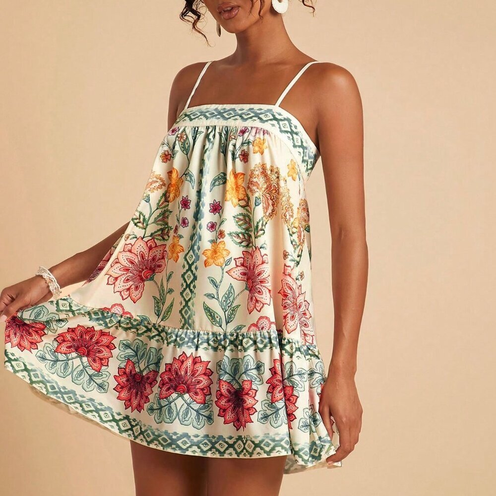 Multicolor Boho Women's Floral Print Spaghetti Strap Dress - Picture 3 of 7